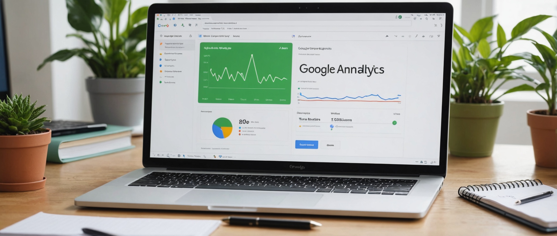 Ноутбук на столе с открытым Google Analytics, окружён растениями и блокнотом.