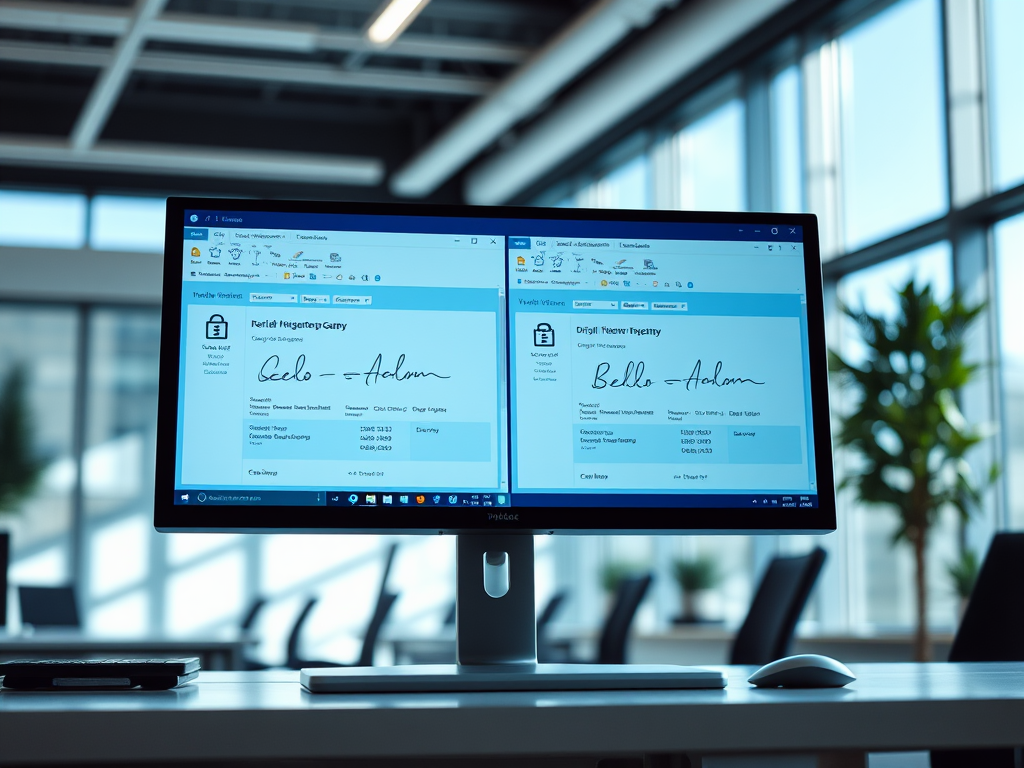 Два монитора с открытыми документами, содержащими подписи и информацию о регистрации. Современный офис.