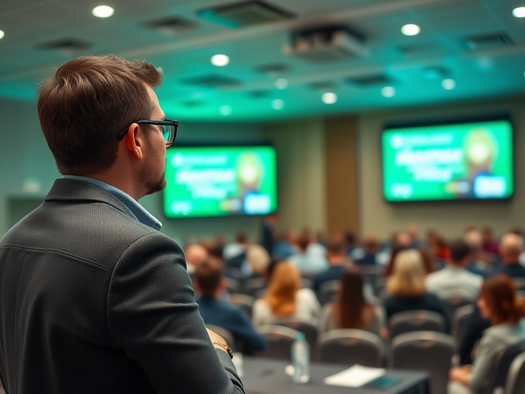 На конференции человек в очках внимательно слушает выступление. В зале много зрителей.