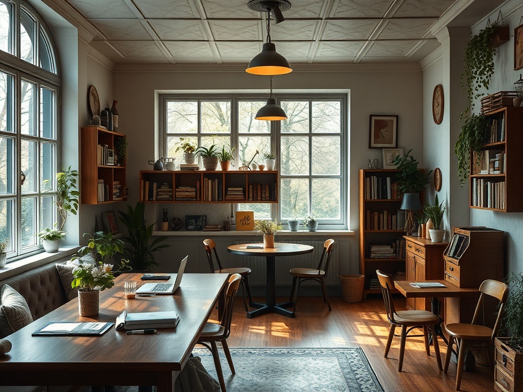 Уютный кабинет с деревянной мебелью, растениями и большими окнами, пропускающими солнечный свет.