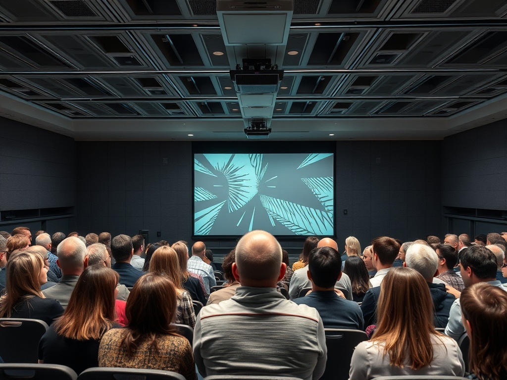Аудитория с людьми, сидящими перед экраном, на котором показываются графические изображения.