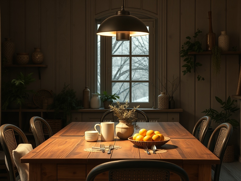 Уютная столовая с деревянным столом, фруктами и светом, проникающим через окно зимнего дня.