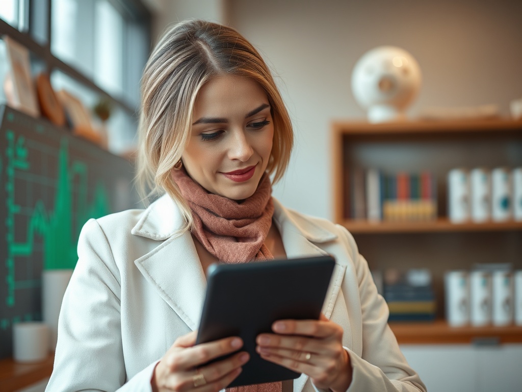 Женщина в светлом пальто и шарфе смотрит на планшет в современном офисе с графиками на стене.