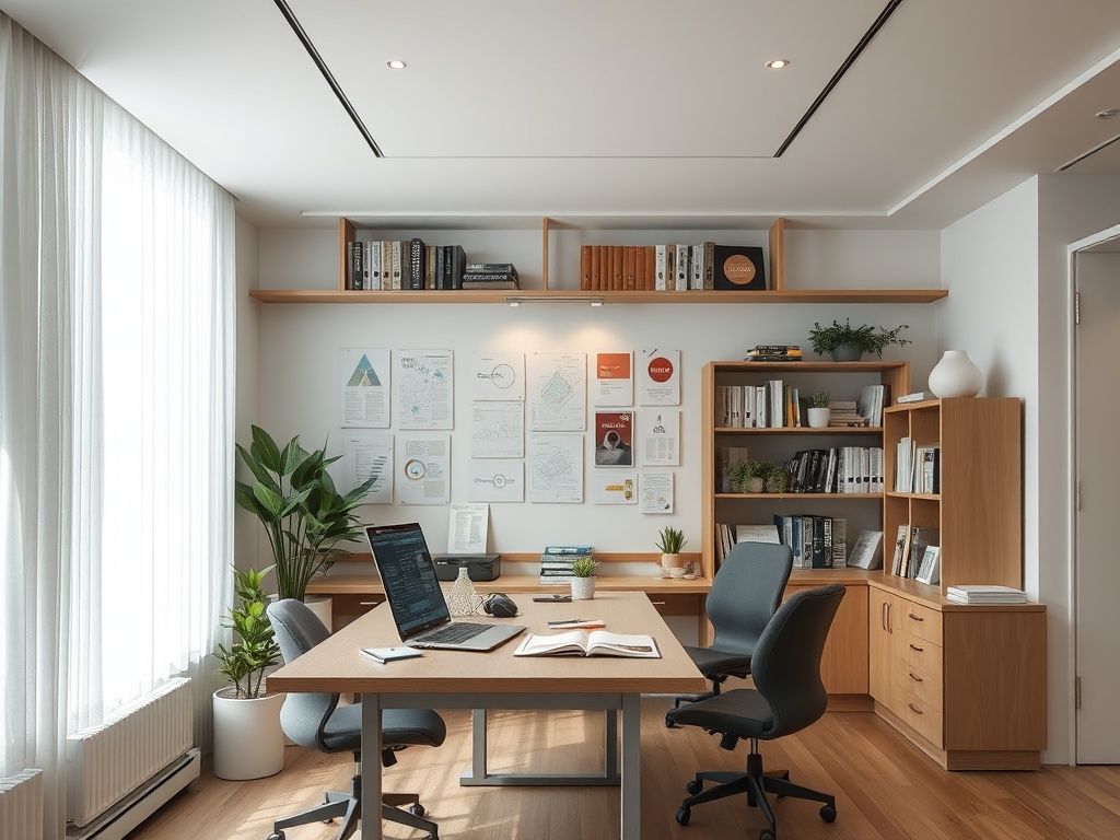 Современный офис с столом, стульями, растениями и полками, заполненными книгами и документами.